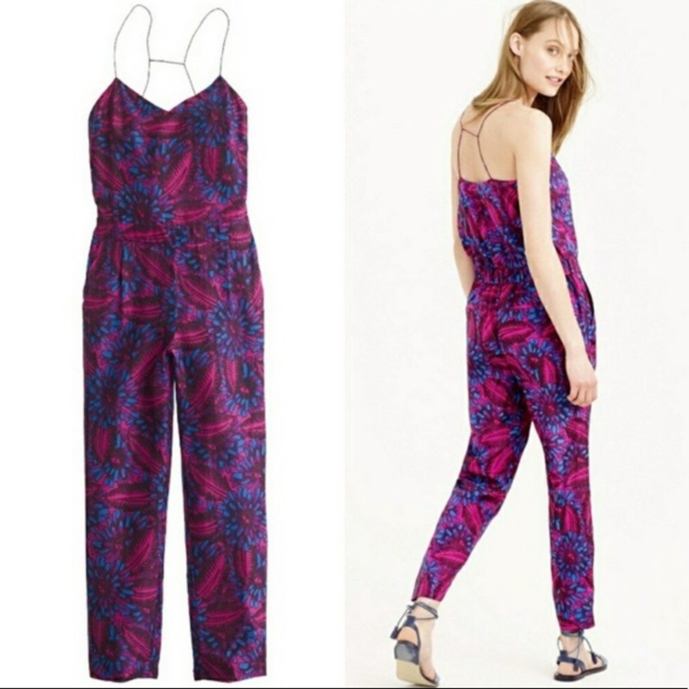 J. Crew Purple and Blue Floral Print Jumpsuit